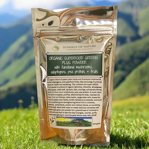 Organic Superfood Greens Plus Powder with functional mushrooms, adaptogens, pea protein & fruits